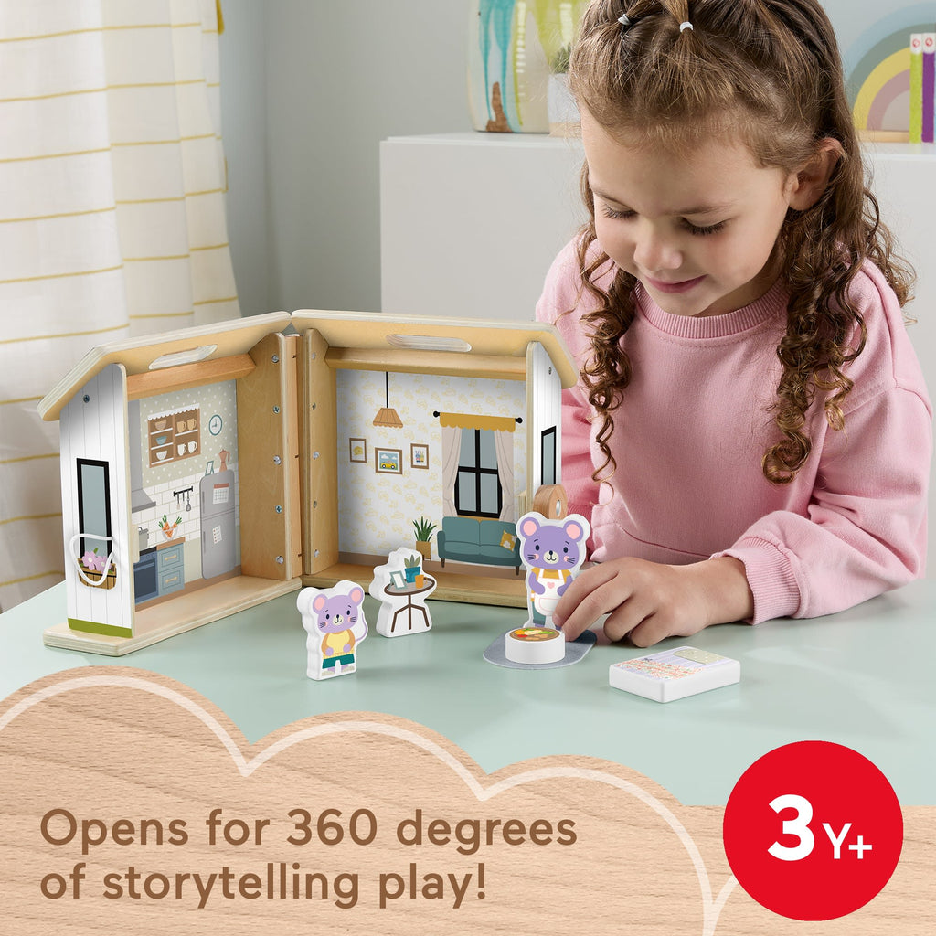 Fisher-Price Wooden On-The-Go Play House Dollhouse With 6 Play Pieces For Preschool Kids