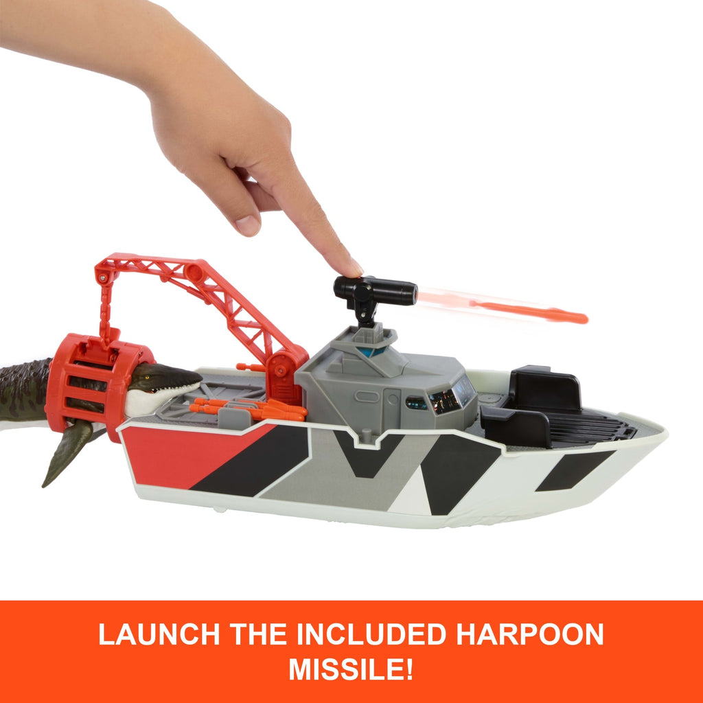 Matchbox Jurassic World Mosasaurus Rescue Action Boat Playset With Ship, Dino, Toy Car & Missiles