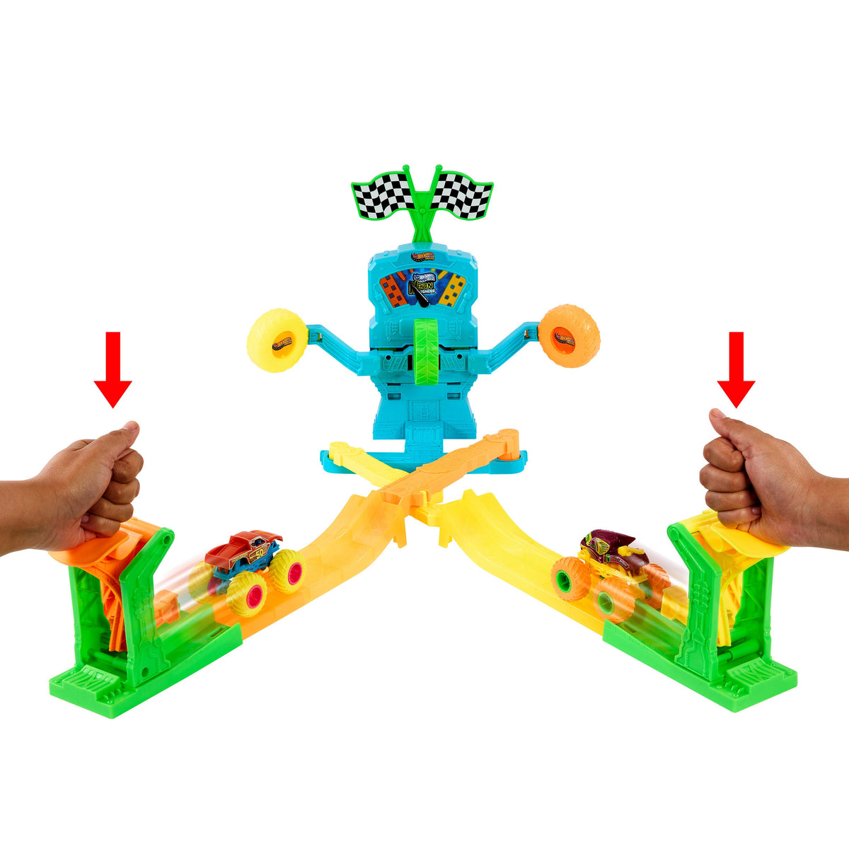 Hot Wheels Monster Trucks Neon Crashin’ Slamway Playset With 2 Toy Vehicles, 2 Ways To Play