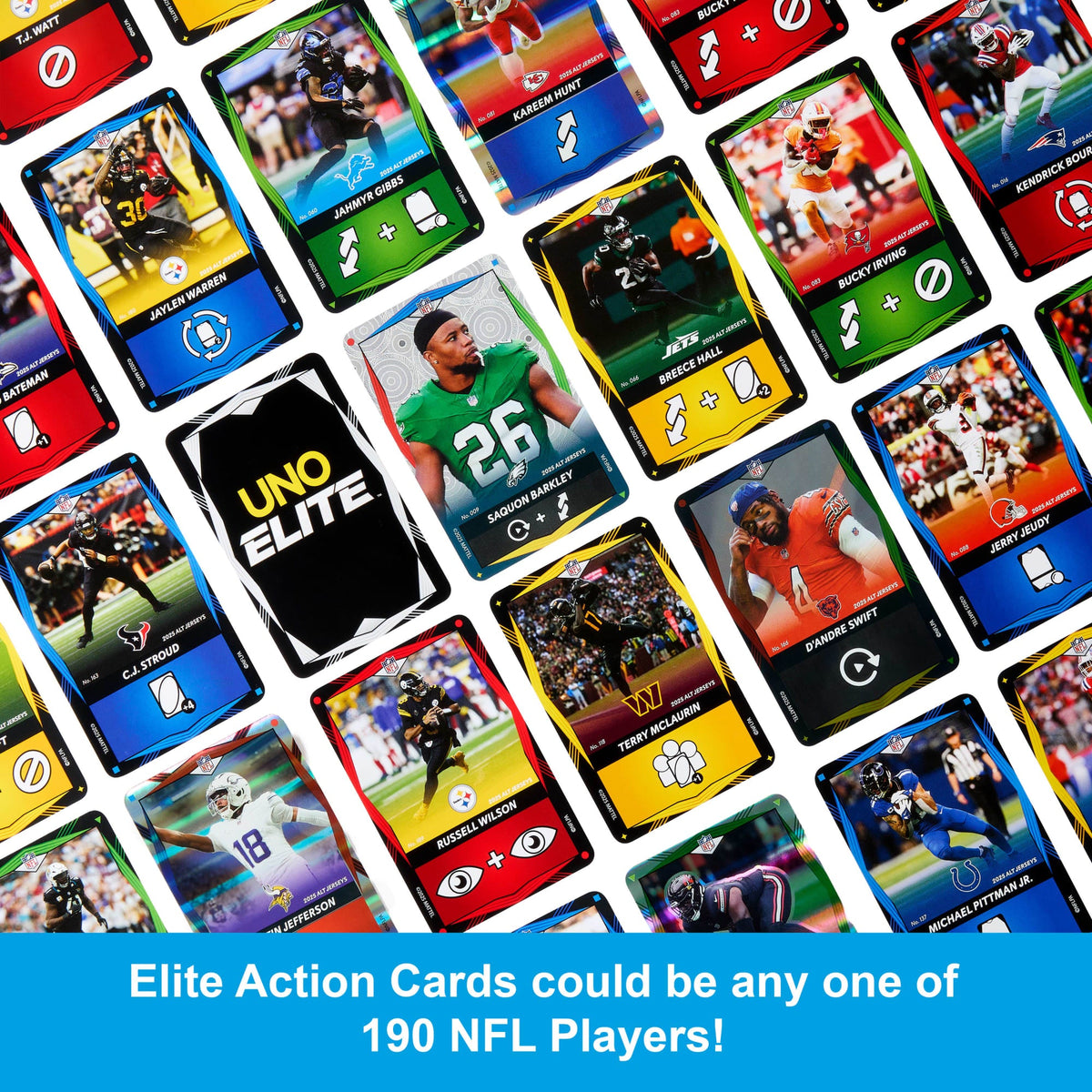 UNO Elite NFL 2025 Alt Jerseys Edition Booster Set Plus With 40 Elite Action Cards (Players May Vary)