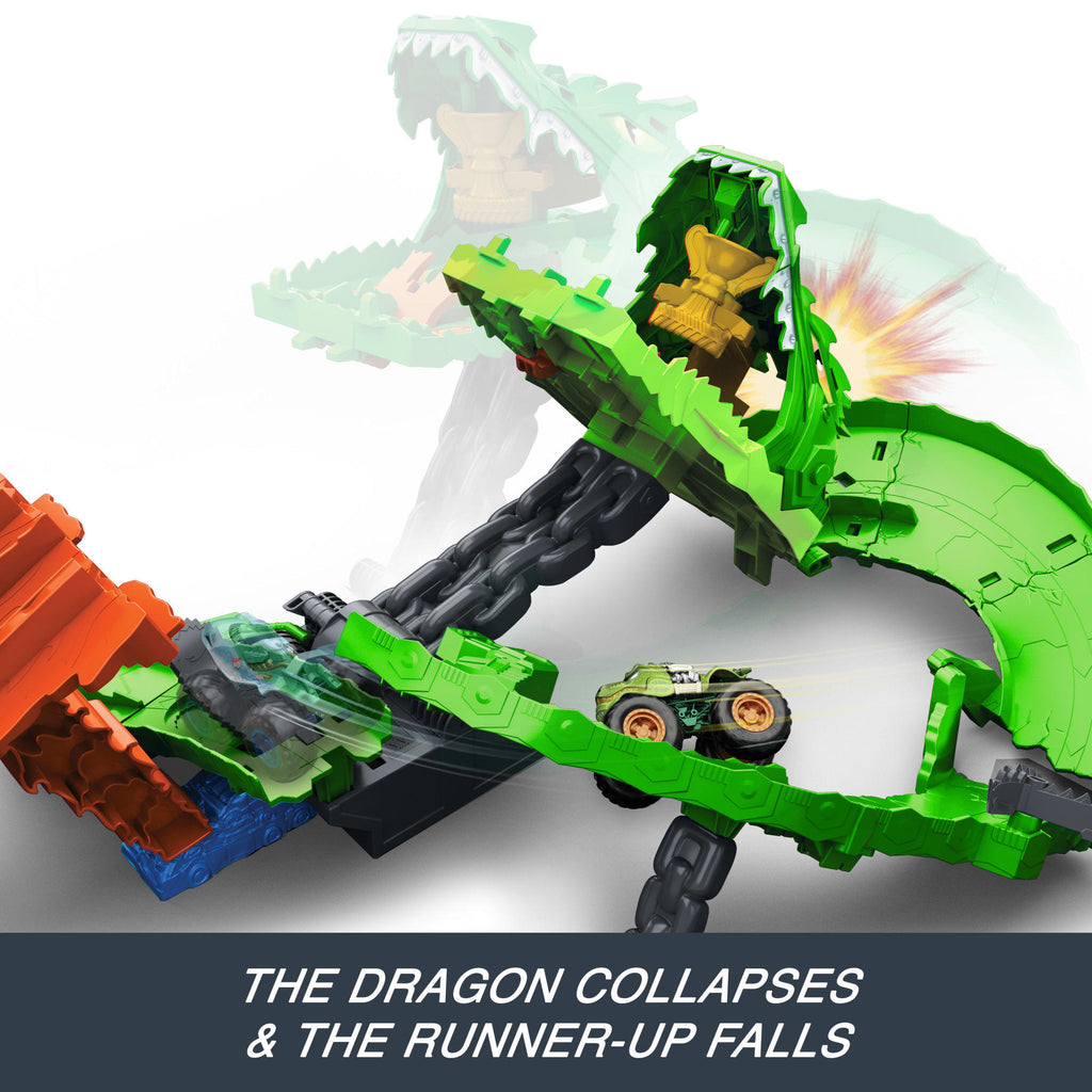 Hot Wheels Monster Trucks Sharks vs Dinos Dragon Destruction Playset & 2 Toy Trucks