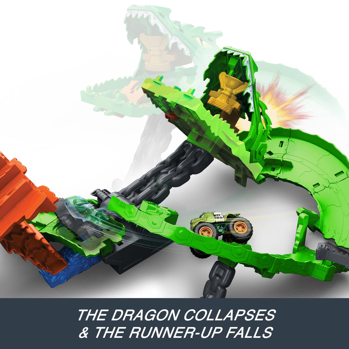 Hot Wheels Monster Trucks Sharks vs Dinos Dragon Destruction Playset & 2 Toy Trucks