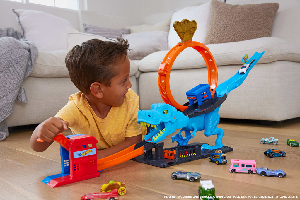 Hot Wheels City Track Set With 1 Toy Car, T-Rex Loop And Stunt Playset