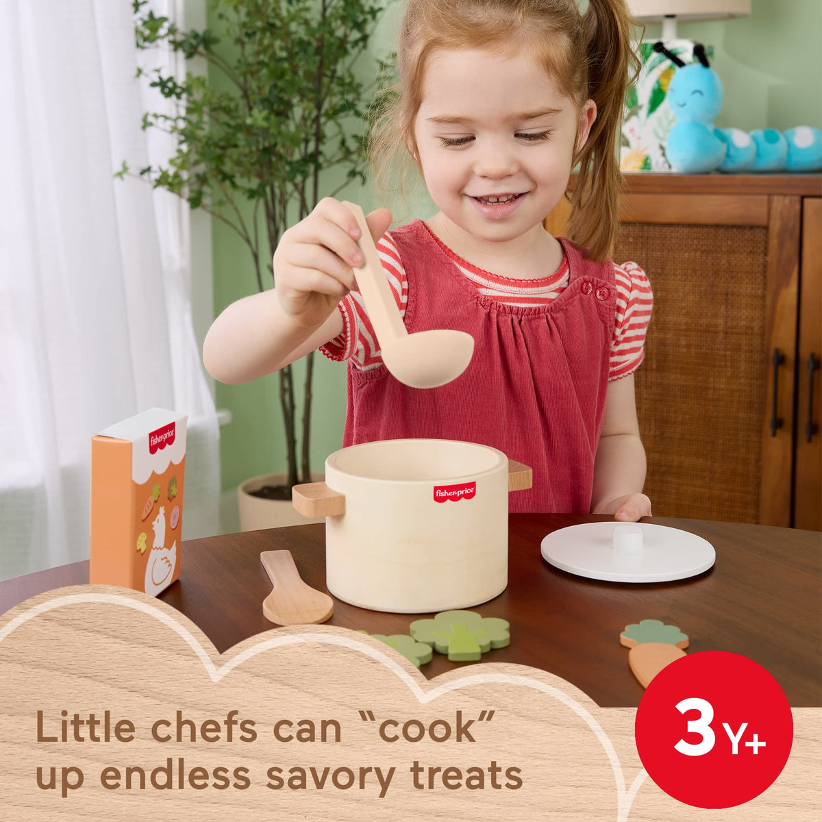Fisher-Price Tiny Garden Wooden Veggie Soup Pretend Kitchen Play Set For Kids, 16 Wood Pieces