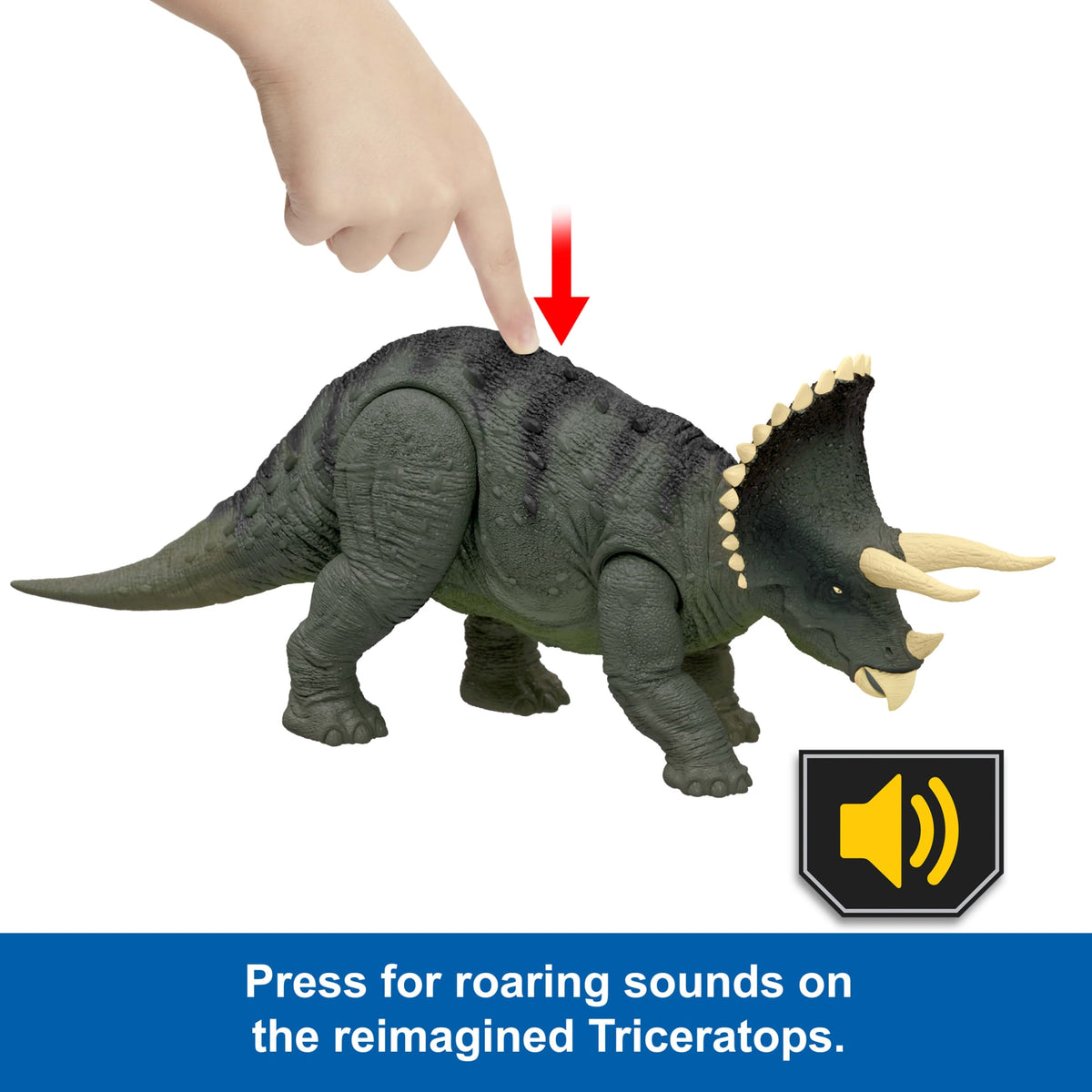Jurassic World Reimagined Real Feel Triceratops Roaring Dinosaur Figure, 90S Inspired Toy