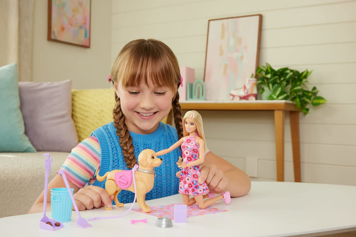 Barbie “Malibu” Walk & Potty Pup Toy Set, includes Doll, Walking Pet Dog With Potty Feature, & Accessories