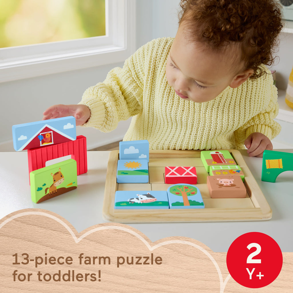 Fisher-Price Wooden Farm Blocks Puzzle Activity Toy For Toddlers & Kids, 14 Wood Pieces