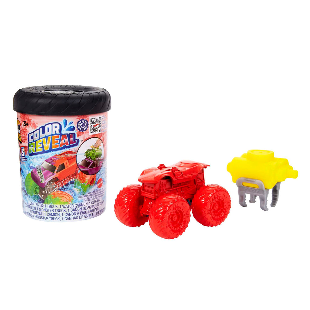 Hot Wheels Monster Trucks Color Reveal Truck, 1:64 Scale Color- Shifting Toy Truck With 2 Cups, Lid & Crushed Car Water Blaster