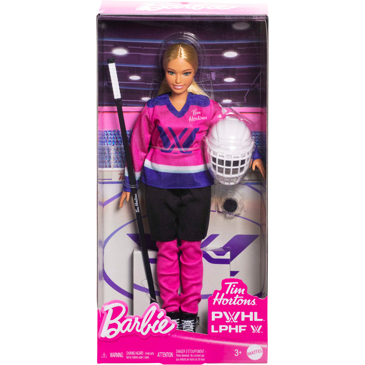 Barbie Tim Hortons PWHL Fashion Doll in Pink, Purple, & Teal Hockey Jersey, includes Hockey Accessories
