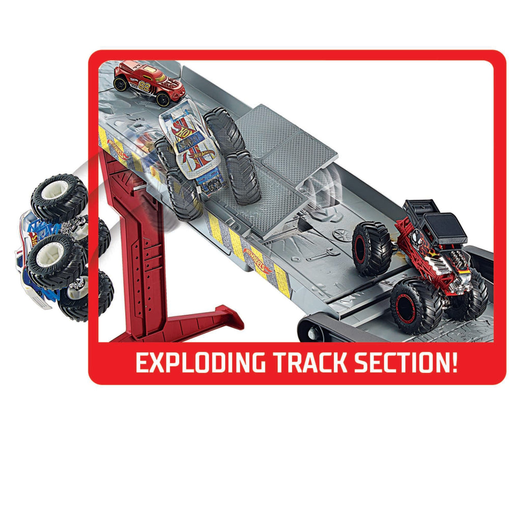 Hot Wheels Monster Trucks, Transporter And Track With 1:64 Scale Toy Truck