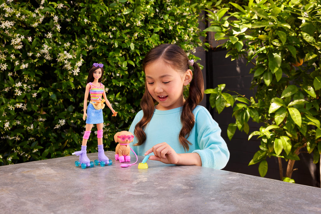 Barbie Pets Skate And Run Brunette Doll With Puppy, Skates, And Accessories