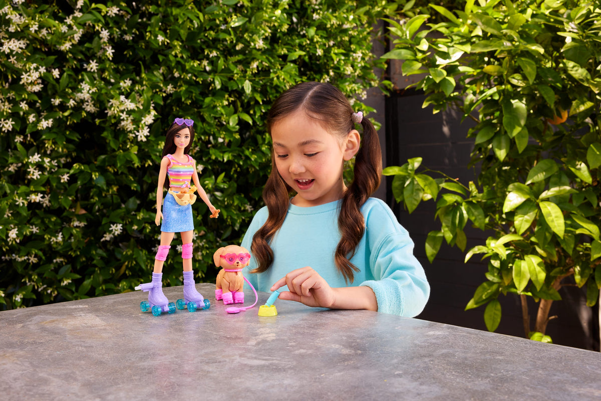 Barbie Pets Skate And Run Brunette Doll With Puppy, Skates, And Accessories