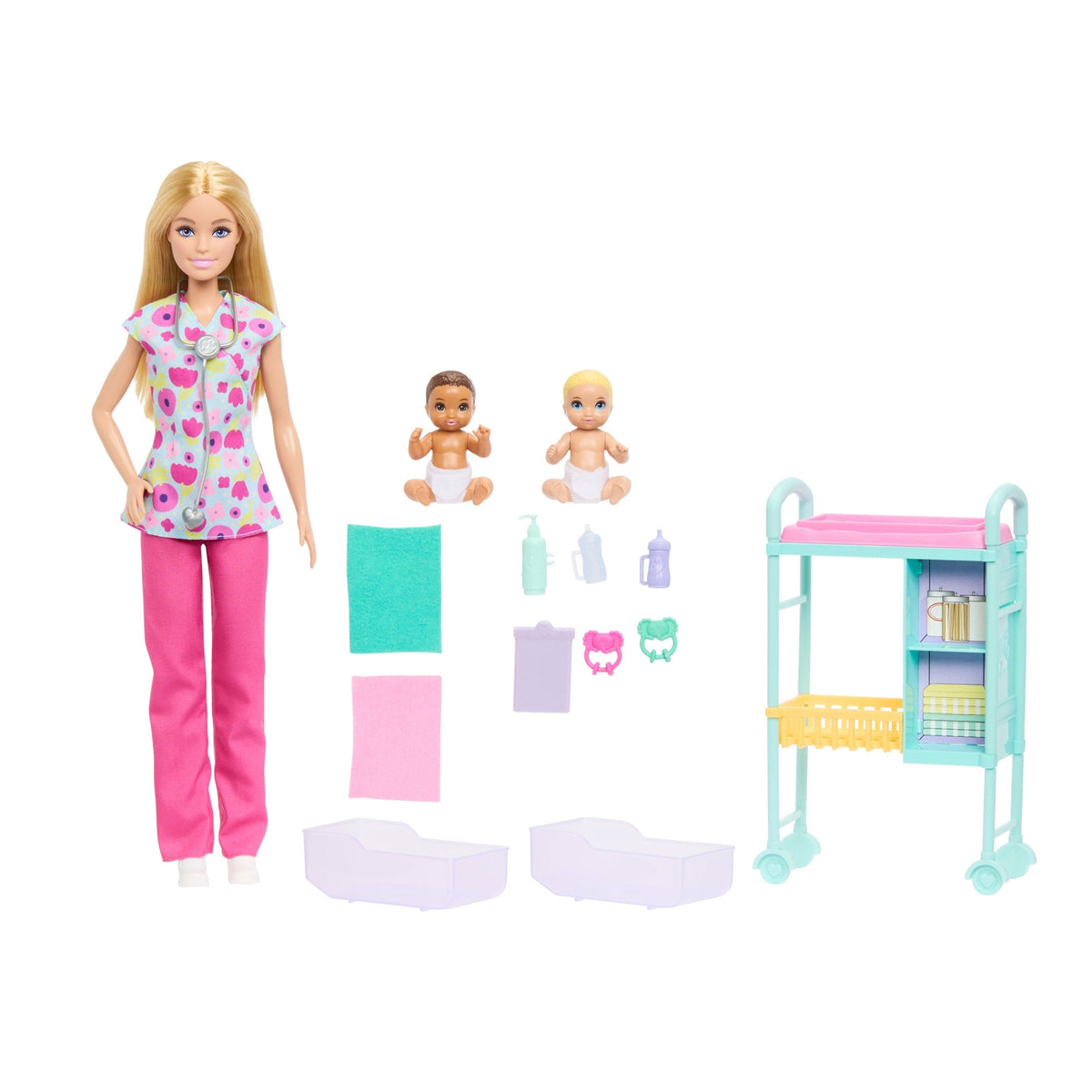 Barbie Métiers-Coffret Barbie Pédiatre-Poupée Blonde et 2 Poupées Bébés