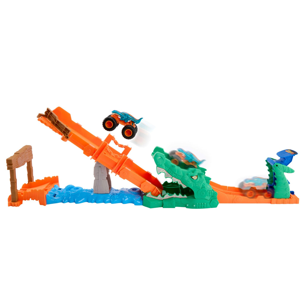 Hot Wheels Monster Trucks Crocodile Crash Challenge Playset & 1:64 Scale MEGA-Wrex Toy Vehicle