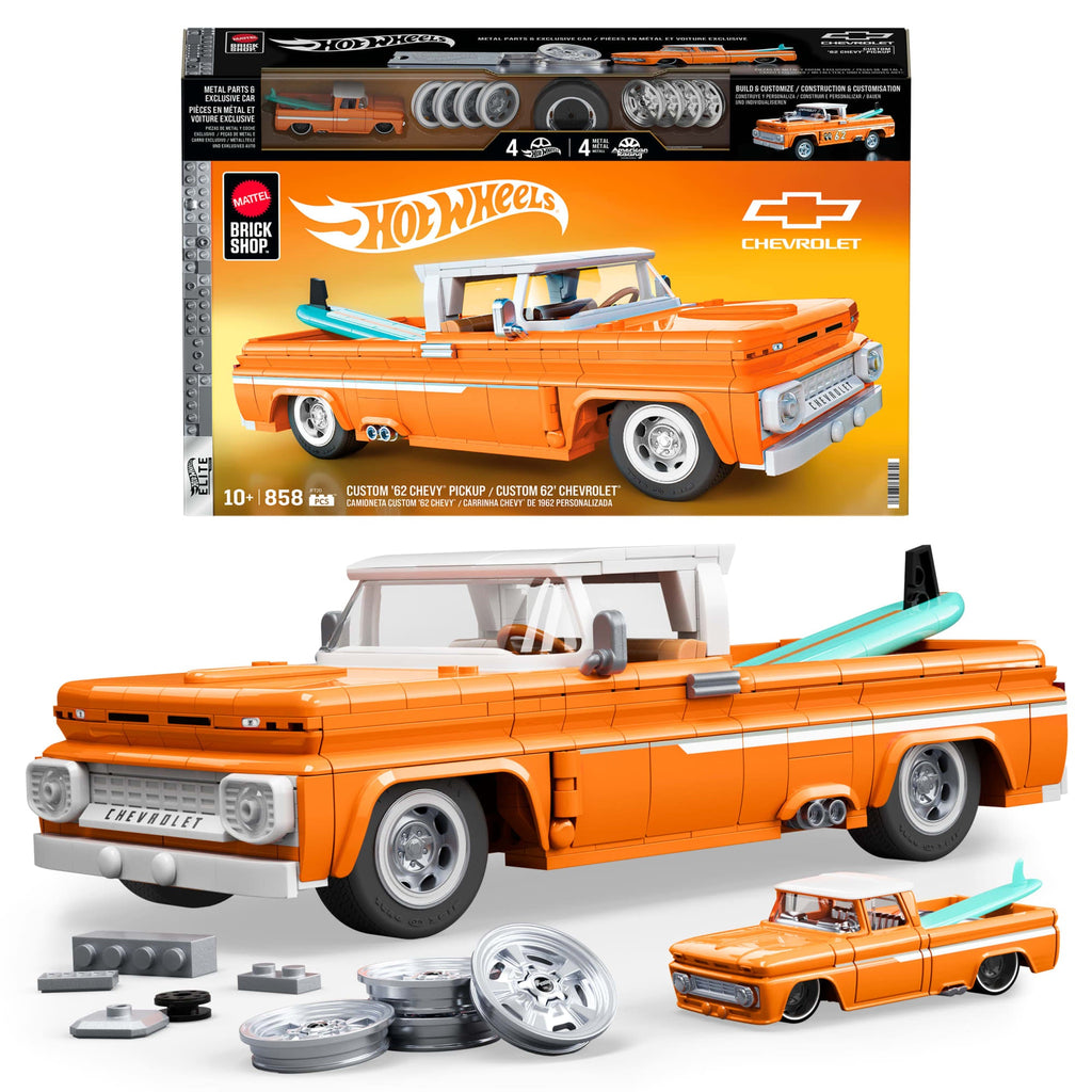 Mattel Brick Shop Hot Wheels Custom ’62 Chevy Pickup Building Toy Kit (858 Pieces), For Collectors