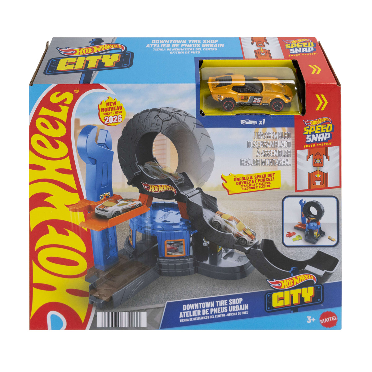 Hot Wheels City Downtown Tire Shop Playset & 1:64 Scale Toy Car, Speed Snap Track Compatible
