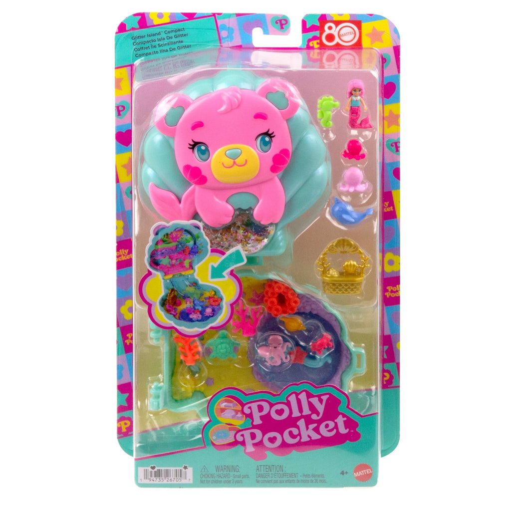 Polly Pocket Glitter Island Compact Playset With 1 Micro Mermaid Doll And Ocean Pets, Travel Toy With Themed Accessories