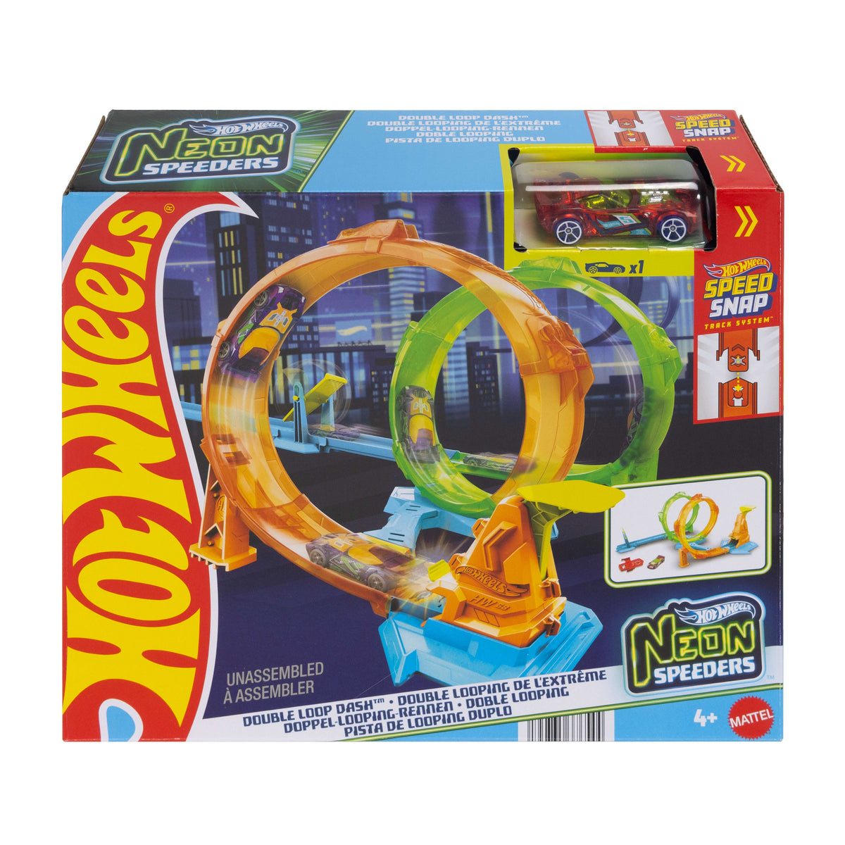 Hot Wheels Neon Speeders Double Loop Dash Track Set With 1:64 Scale Toy Car