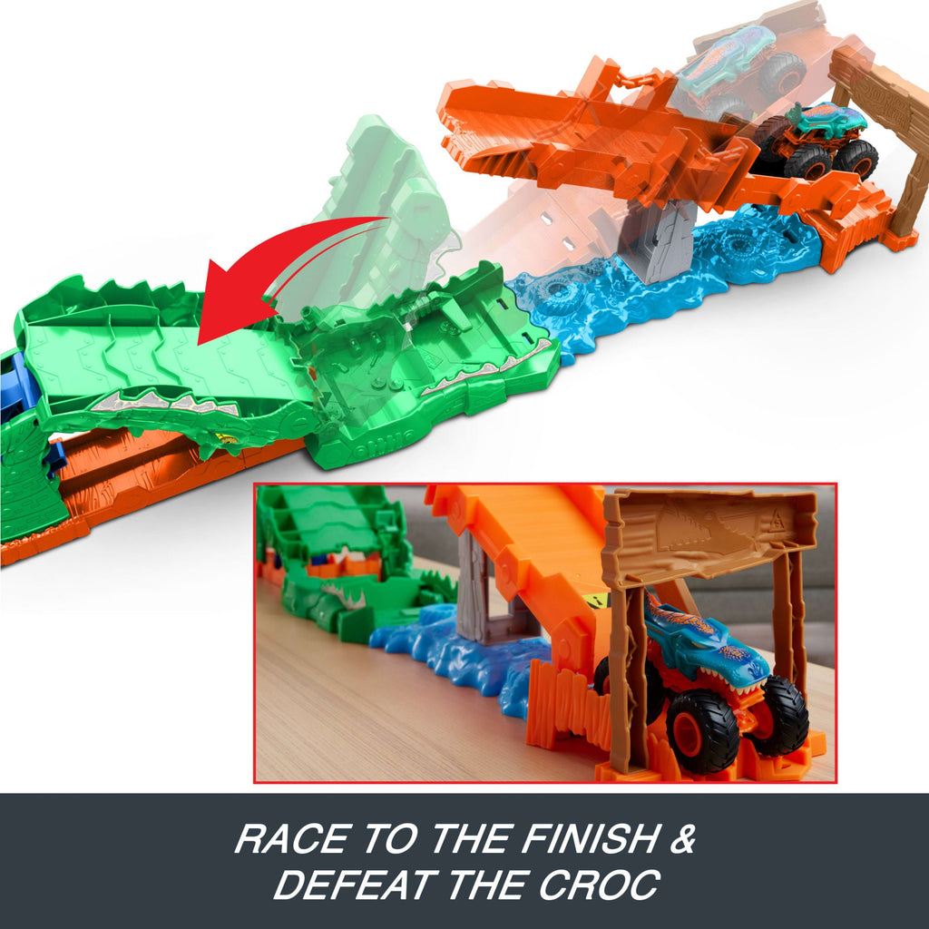 Hot Wheels Monster Trucks Crocodile Crash Challenge Playset & 1:64 Scale MEGA-Wrex Toy Vehicle