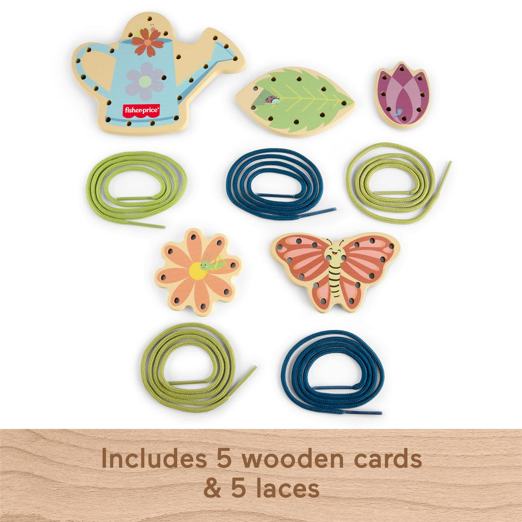 Fisher-Price Tiny Garden Wooden Lacing Activity Toy For Kids, 5 Wood Cards & 5 Laces