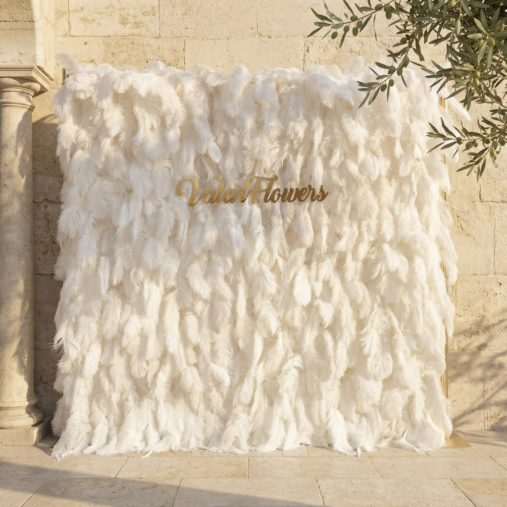 ValarFlowers Artificial Floral Wall Backdrop: Celestial White Feather Dreamscape - The Ethereal Whisper Collection for Luxurious Weddings and Events-VF-164-White
