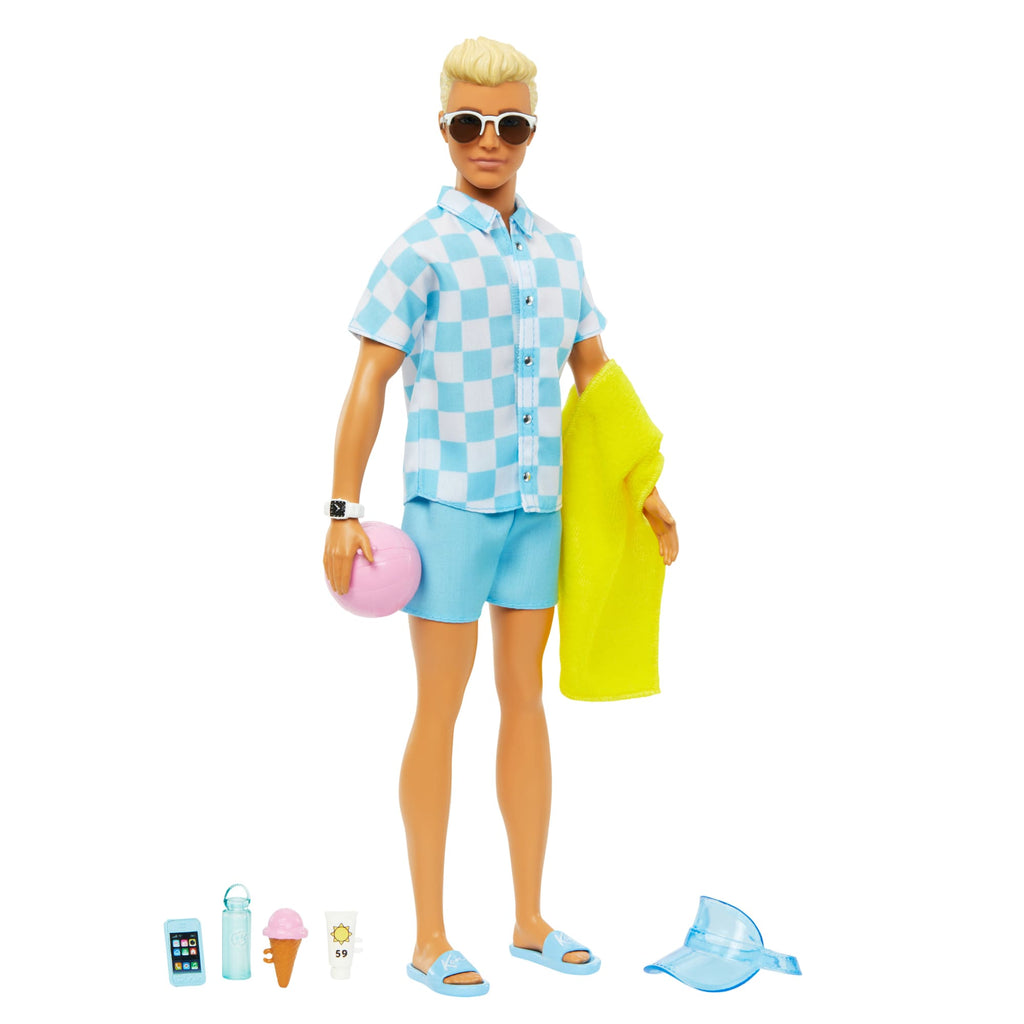 Blonde Ken Doll With Swim Trunks And Beach-Themed Accessories