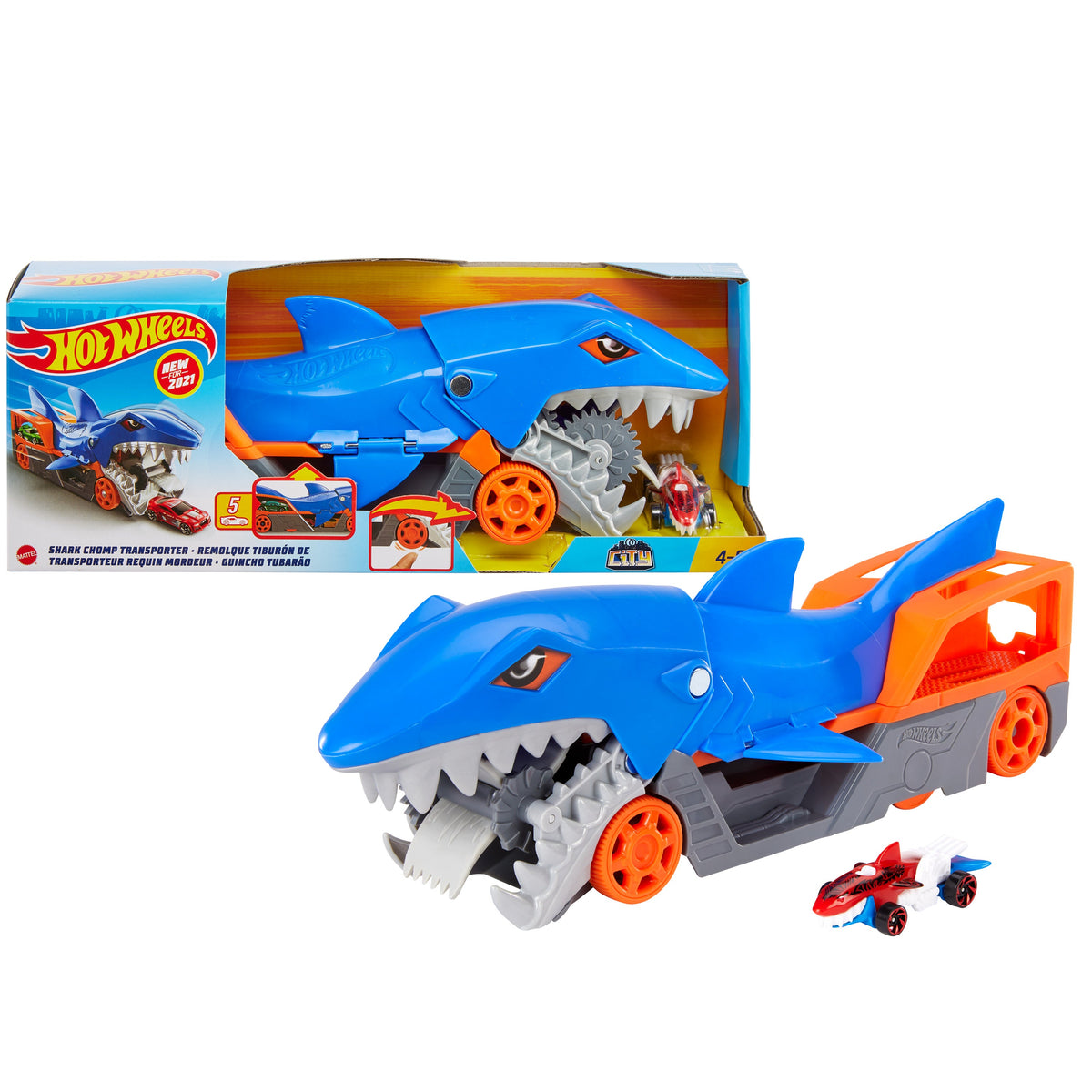Hot Wheels Shark Chomp Transporter Playset With One 1:64 Scale Car For Kids 4 To 8 Years Old