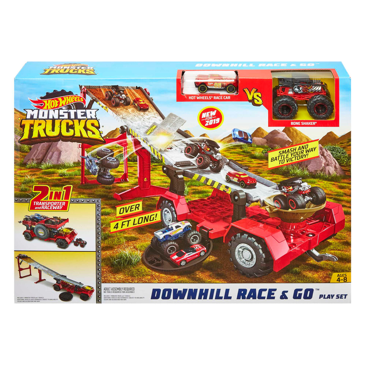 Hot Wheels Monster Trucks, Transporter And Track With 1:64 Scale Toy Truck