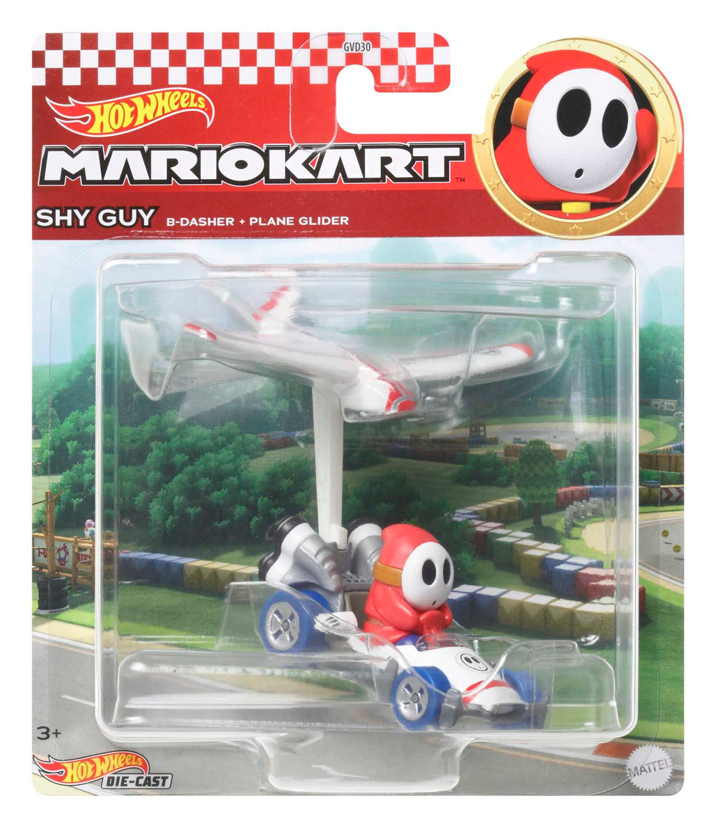 Hot Wheels Mario Kart Vehículo de Juguete Shy Guy B Dasher con Plane Glider