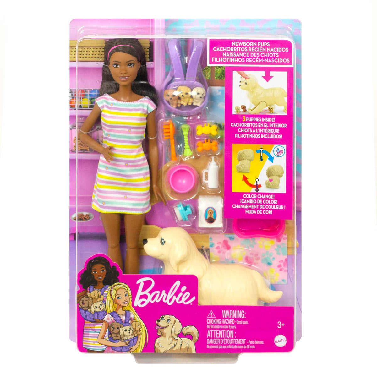 Barbie Doll Newborn Pups Playset With Brunette Doll, Mommy Dog, 3 Puppies, Kids Toys