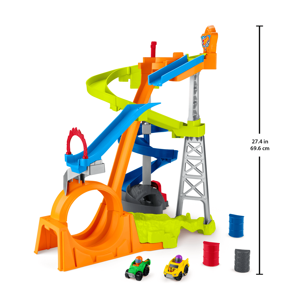 Little People Hot Wheels Spiral Stunt Speedway Toddler Race Track Playset, 2 Toy Cars