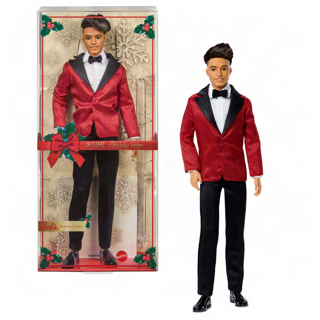 Barbie Signature 2026 Holiday Curly Black Hair Ken Collectible Fashion Doll Wearing Full Suit With Red Jacket