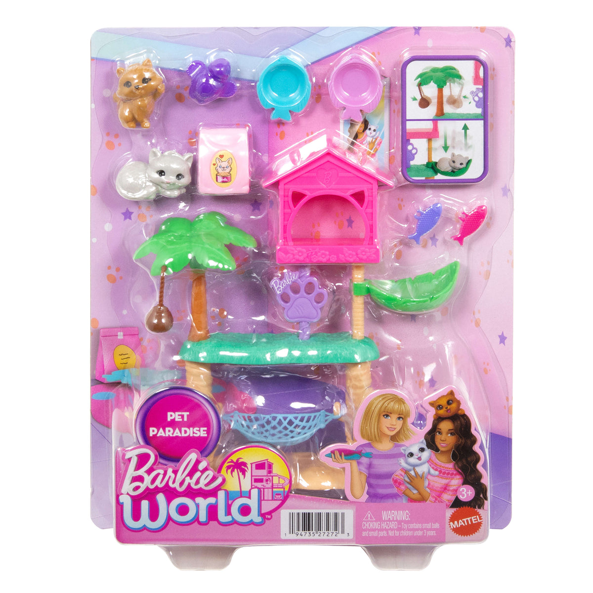 Barbie World Pet Paradise Kitty Playset With 9 Pieces Including 2 Cats, Food Accessories, & Toys
