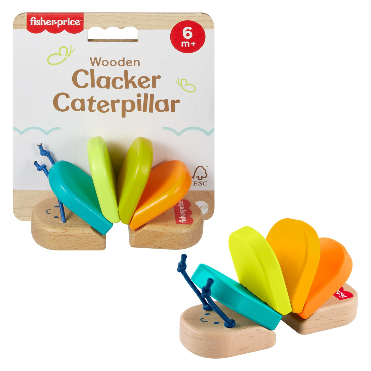 Fisher-Price Wooden Clacker Caterpillar Developmental Activity Rattle Toy For Baby, 1 Wood Piece
