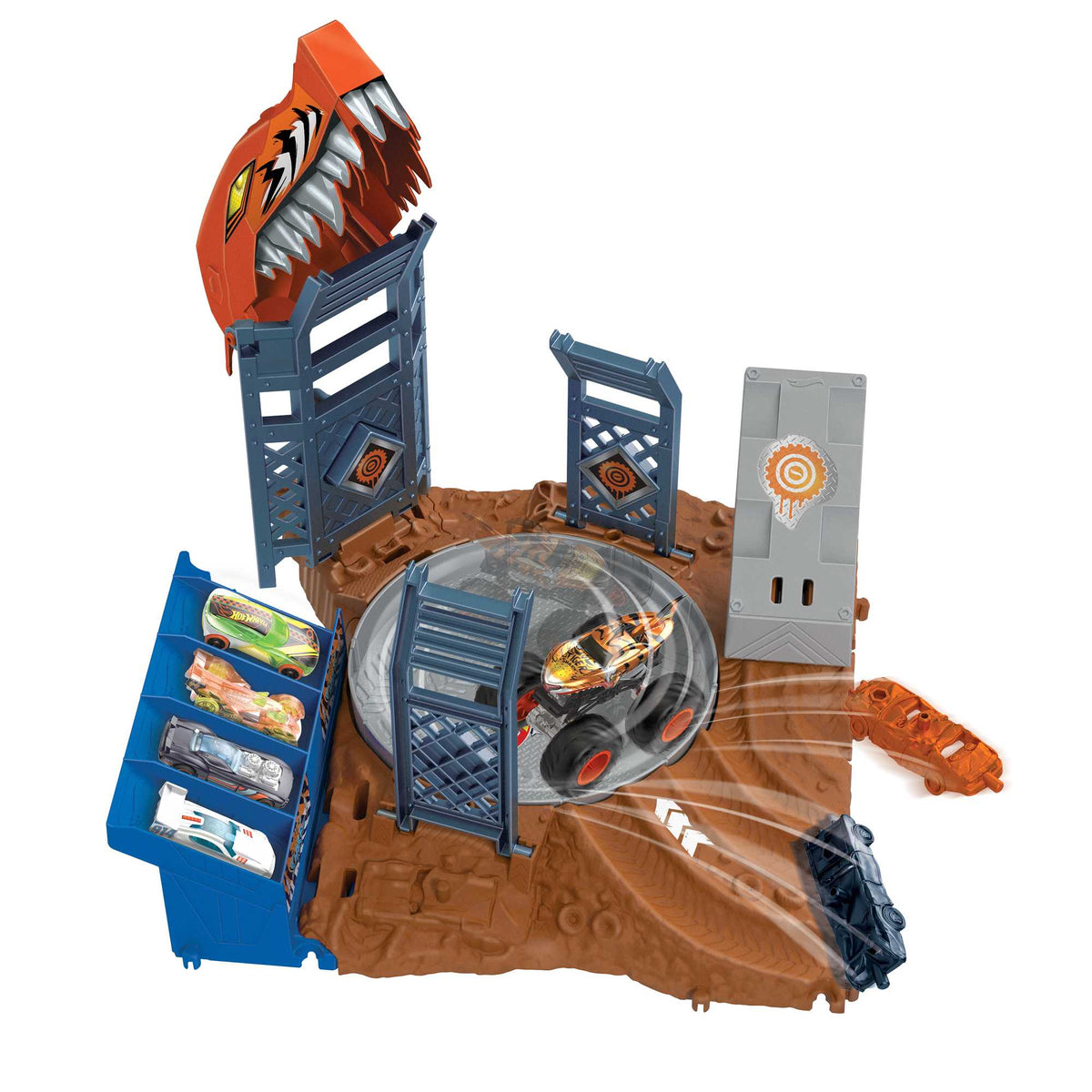 Hot Wheels Monster Trucks Pista de Juguete Arena de Demolición Semi-Finales Tiger Shark