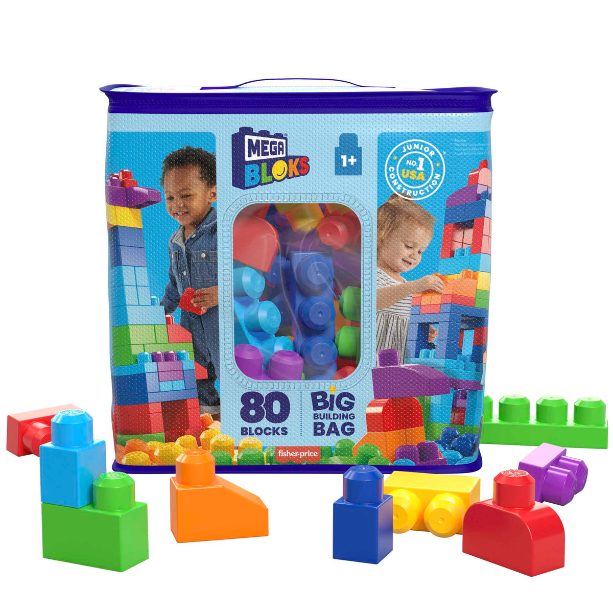 MEGA Bloks Fisher-Price Toy Blocks Blue Big Building Bag With Storage (80 Pieces) For Toddler