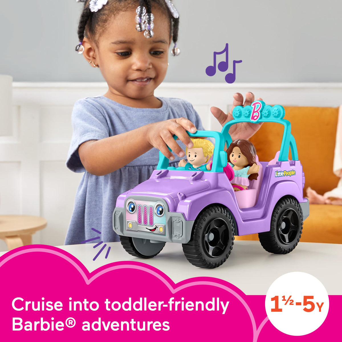 Fisher-Price Little People Barbie Beach Cruiser Toy Car With Music & 2 Figures For Toddlers
