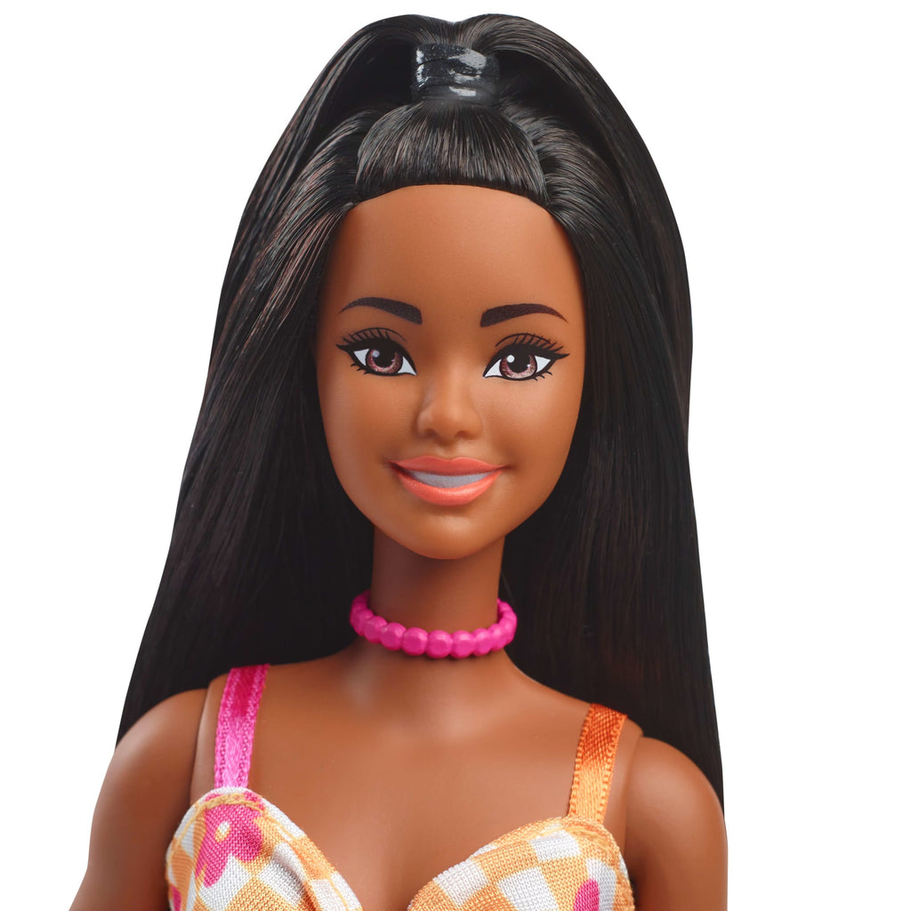 Barbie Fashionistas Doll #233 in Checkered Flower Midi Dress, Black Hair