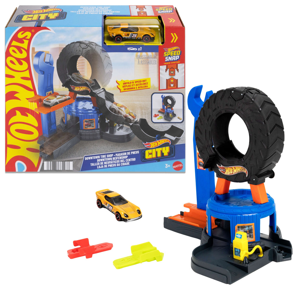 Hot Wheels City Downtown Tire Shop Playset & 1:64 Scale Toy Car, Speed Snap Track Compatible