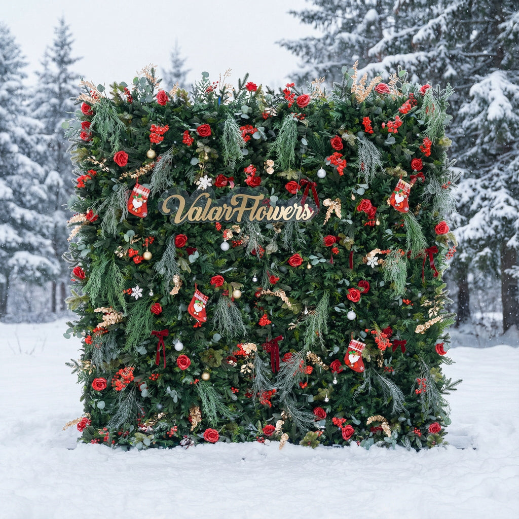 ValarFlowers Christmas Themed Floral Wall Backdrop: Festive Evergreen & Red Rose Masterpiece for Holiday Events & Decor-VF-491-2