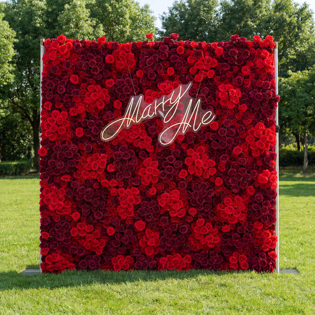Valar Flowers Roll Up Fabric Artificial Flower Wall Crimson Coronation: A Regal Array of Red Roses Radiating Romance and Reverence-VF-172