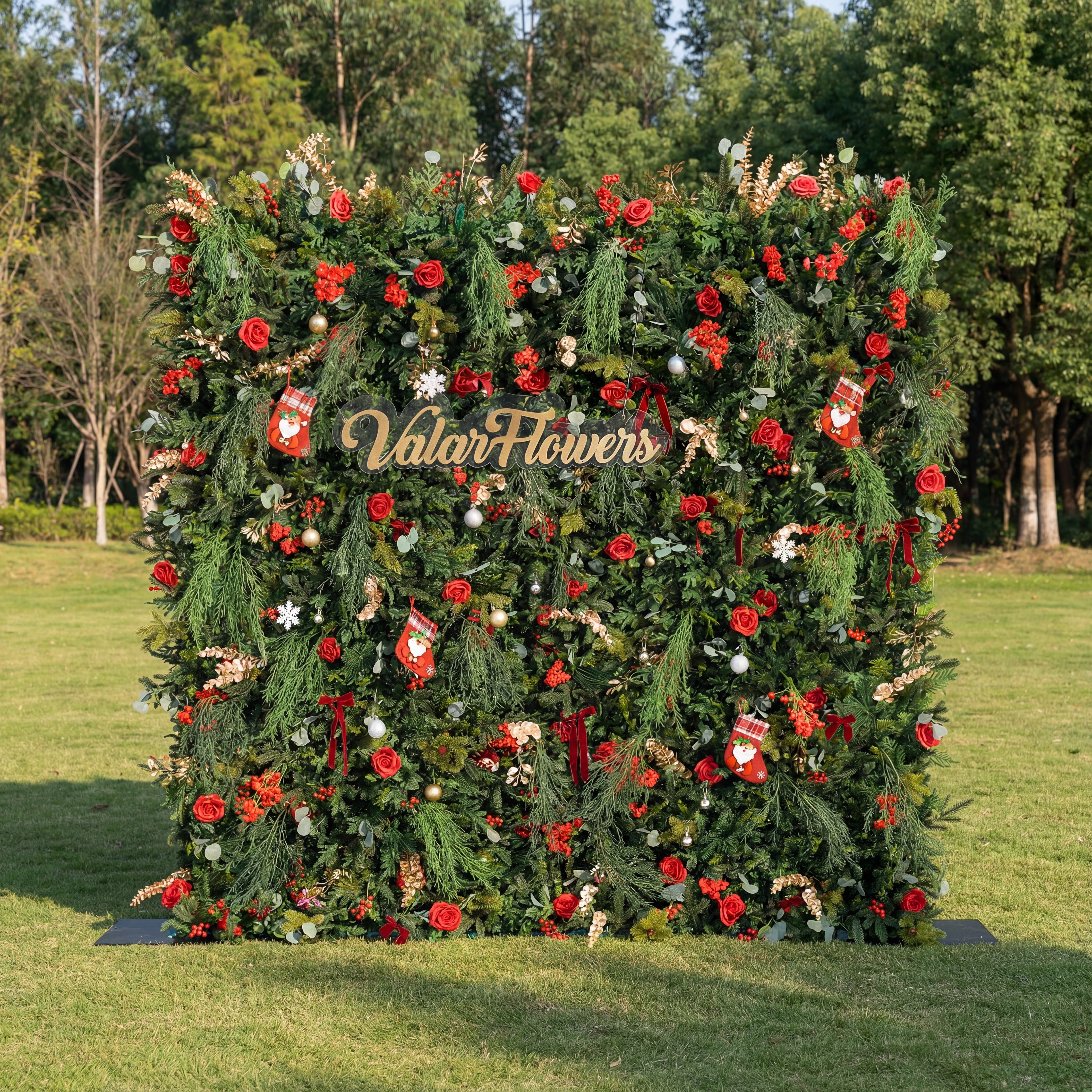 ValarFlowers Christmas Themed Floral Wall Backdrop: Festive Evergreen & Red Rose Masterpiece for Holiday Events & Decor-VF-491-2