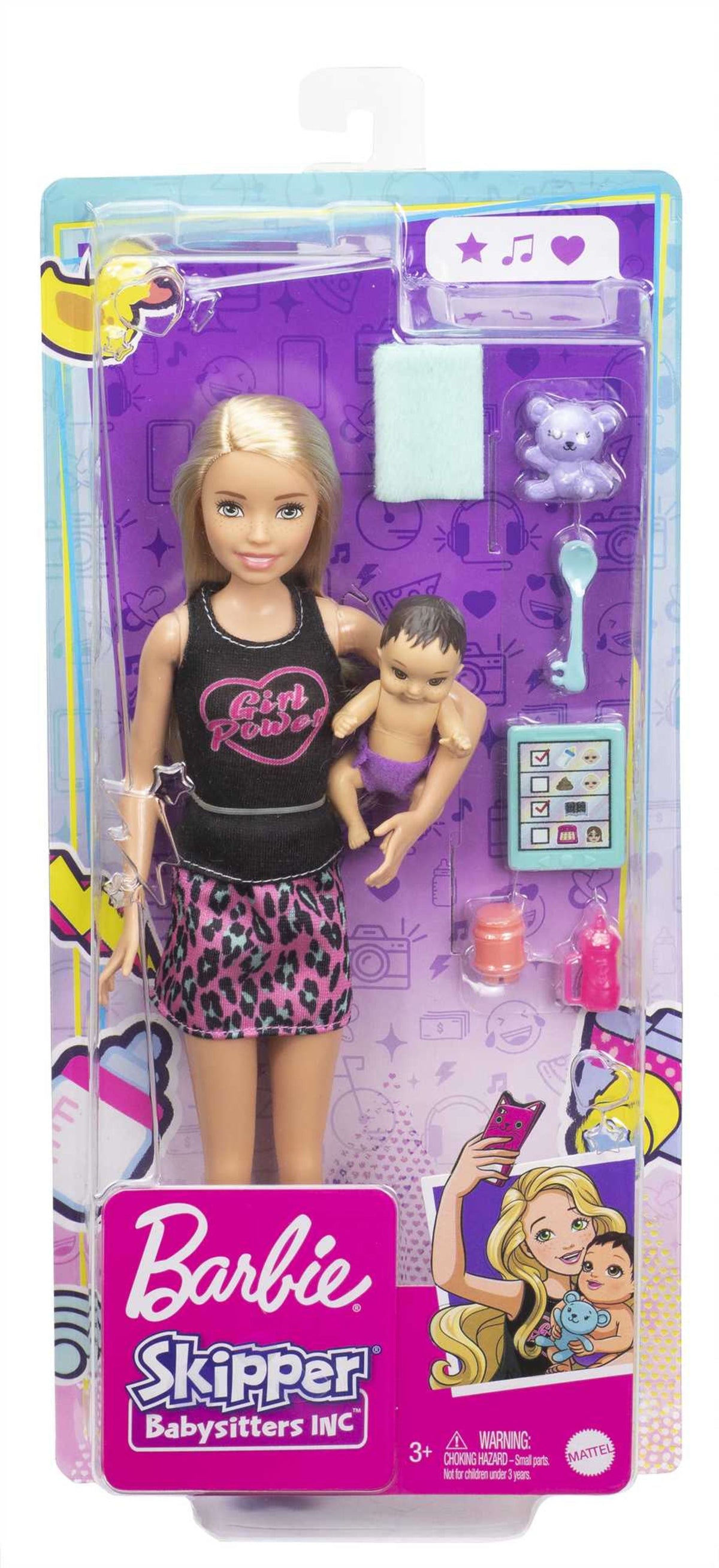 Barbie Skipper Babysitters Inc Set With Blonde Doll in 'Girl Power' Top, Baby Doll & 4 Themed Pieces