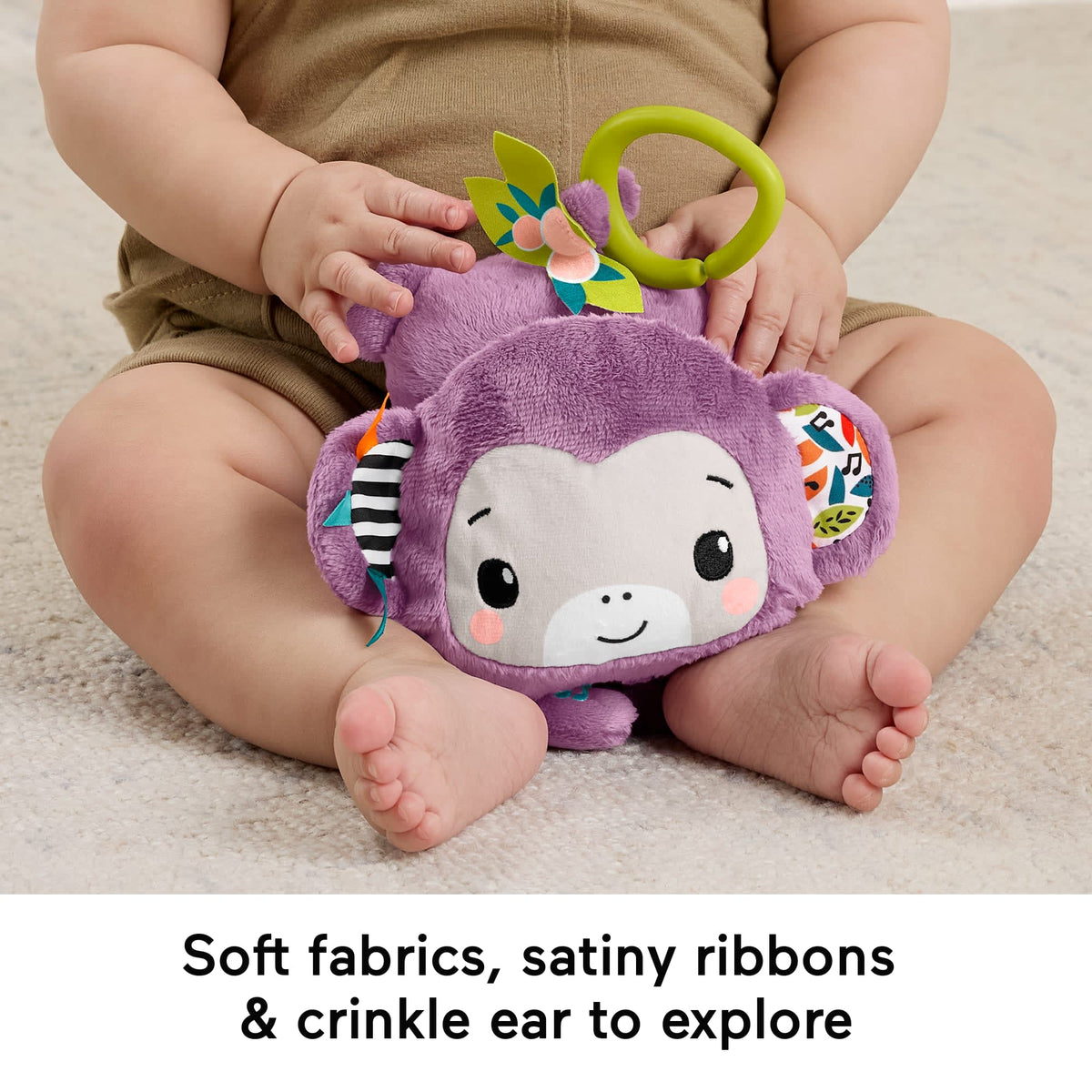 Fisher-Price On-The-Go Purple Monkey Plush Baby Stroller Sensory Toy For Newborns