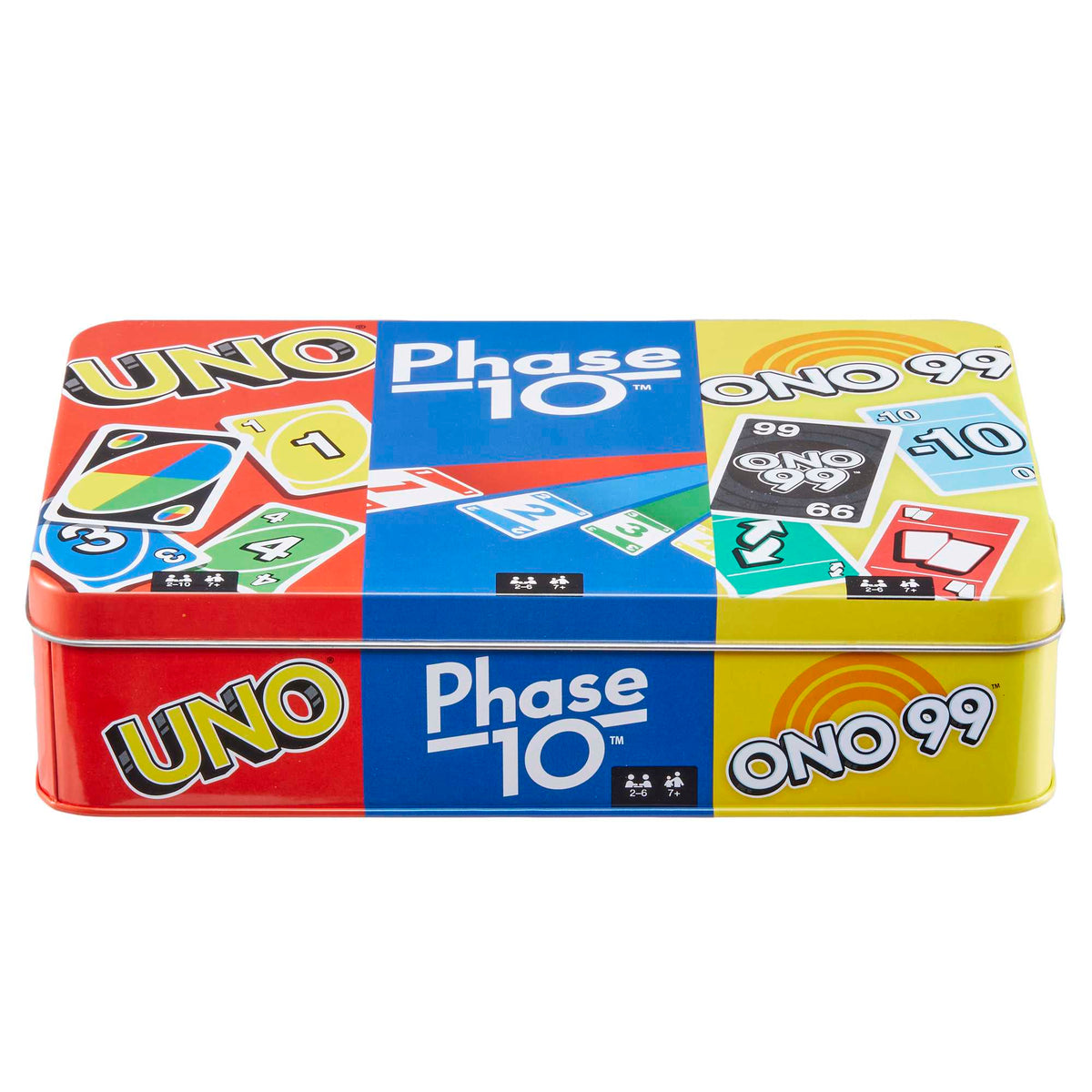 Mattel Games 3 Card Game Pack - UNO, Phase 10, Ono 99 in Storage Tin Box