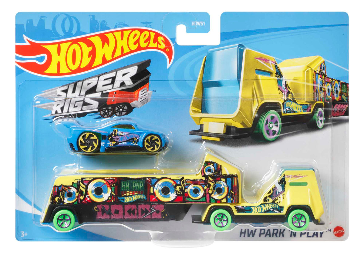 Hot Wheels Super Rigs, 1:64 Scale Toy Car And Matching Transporter, 2 Vehicles