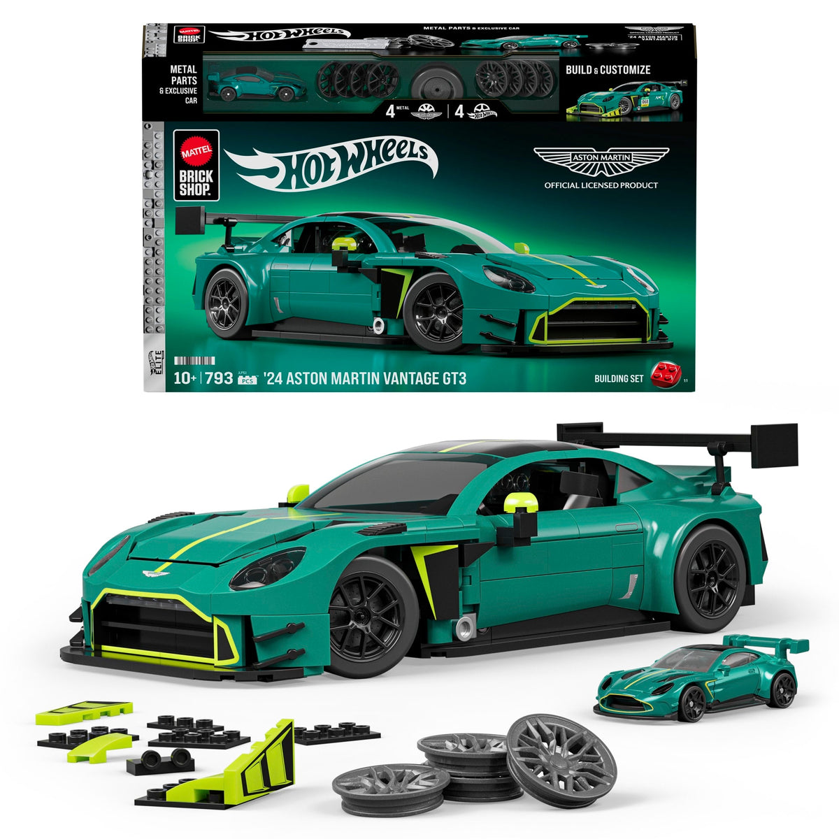 Mattel Brick Shop Hot Wheels ’24 Aston Martin Vantage Gt3 Building Toy Kit (793 Pieces), For Collectors