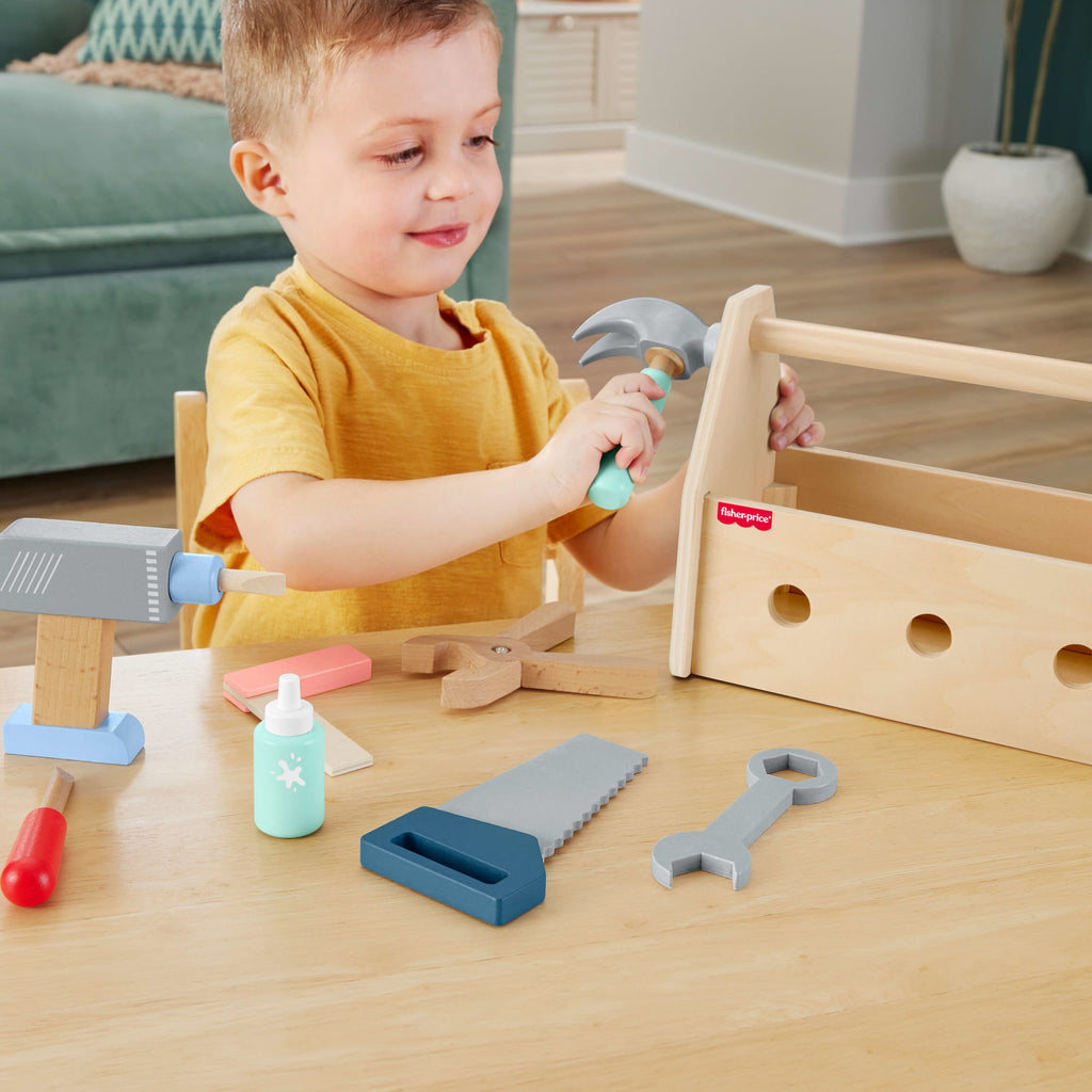 Fisher-Price  Coffret Boîte à Outils en Bois, 9Éléments en Bois