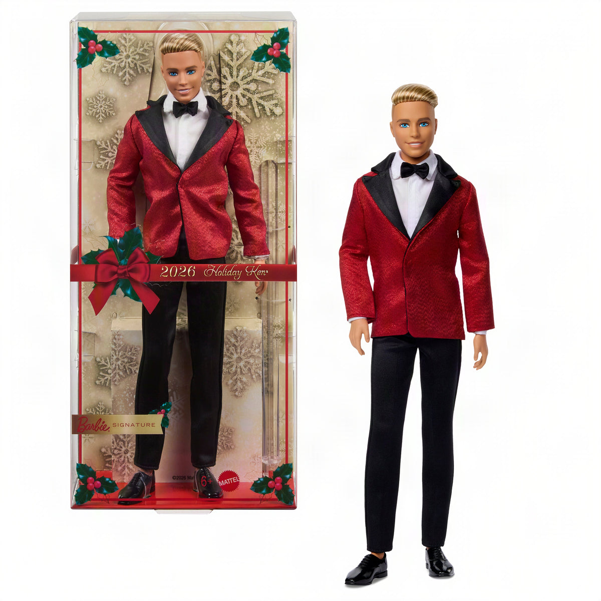 Barbie Signature 2026 Holiday Blonde Ken Collectible Fashion Doll Wearing Full Suit With Red Jacket