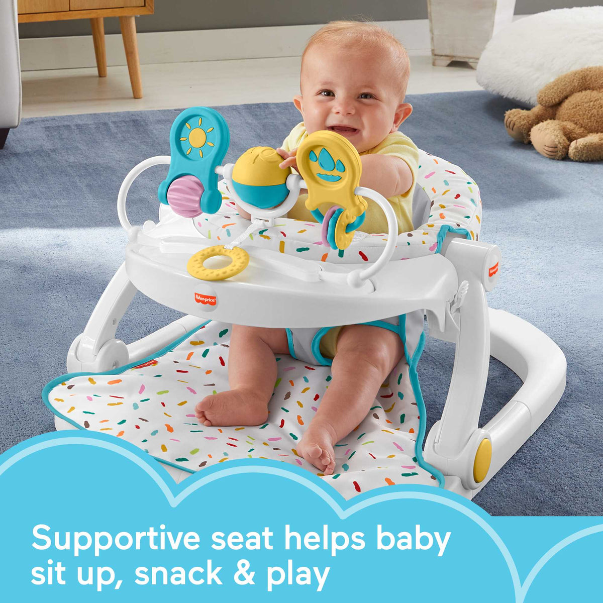 Fisher-Price Deluxe Sit-Me-Up Floor Seat Portable Baby Chair With Toy Bar, Rainbow Sprinkles